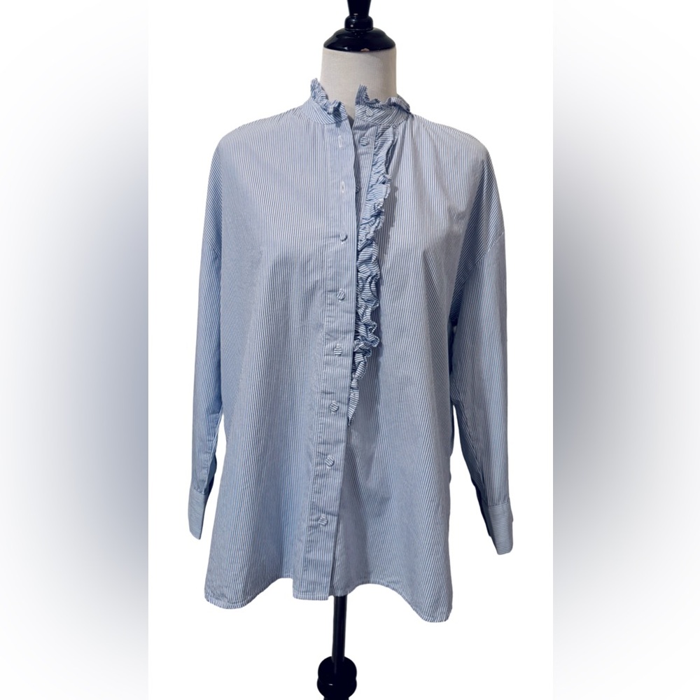 MNG Mango Blue & White Striped Ruffle Neck Button-Up Blouse Size 4